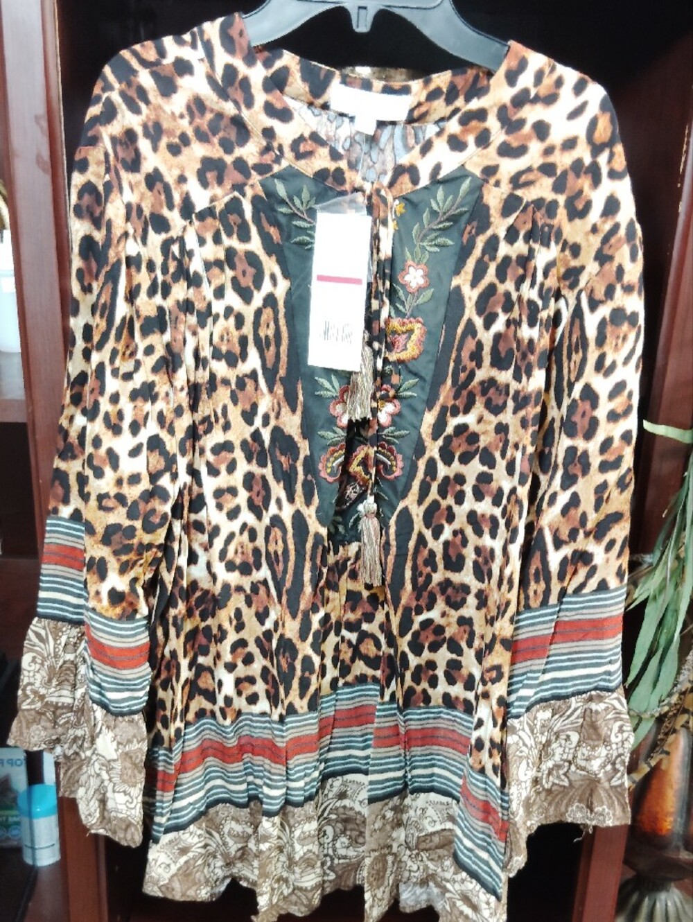 new directions Leopard Print Embroidered Tassel Tunic in Brown and Tan - Picture 2 of 8
